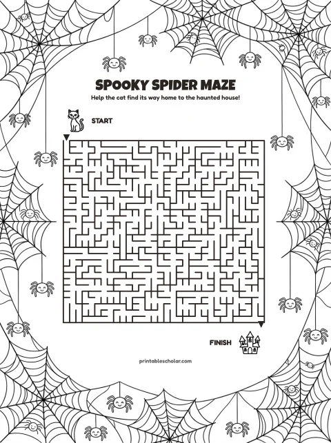 Free printable halloween maze for kids — spooky spiders style (black and white) worksheet