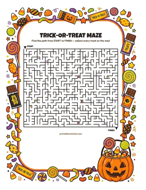 Free printable halloween maze for kids — trick-or-treat style worksheet