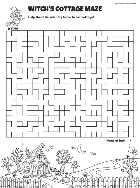 Free printable halloween maze for kids — witch's cottage (harder) style (black and white) worksheet