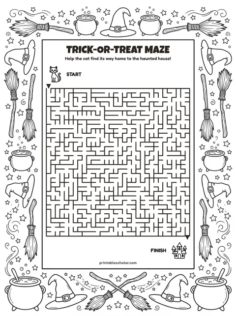 Free printable halloween maze for kids — trick-or-treat style (black and white) worksheet