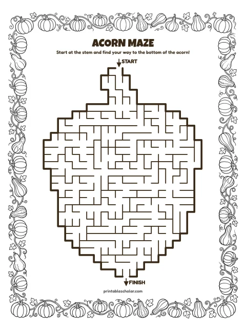Free printable thanksgiving maze for kids — acorn shape style (black and white) worksheet