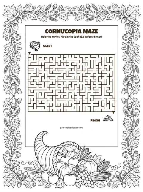 Free printable thanksgiving maze for kids — cornucopia style (black and white) worksheet