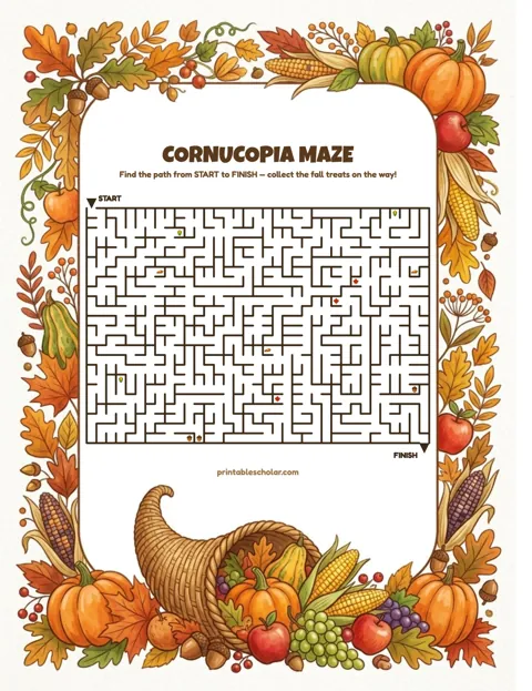Free printable thanksgiving maze for kids — cornucopia style worksheet