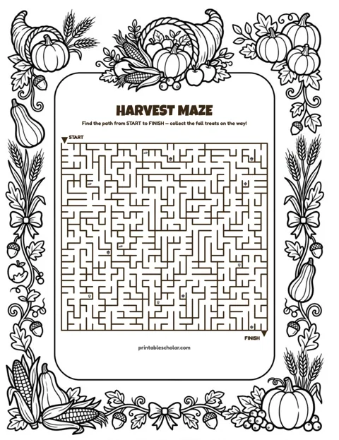 Free printable thanksgiving maze for kids — harvest style worksheet