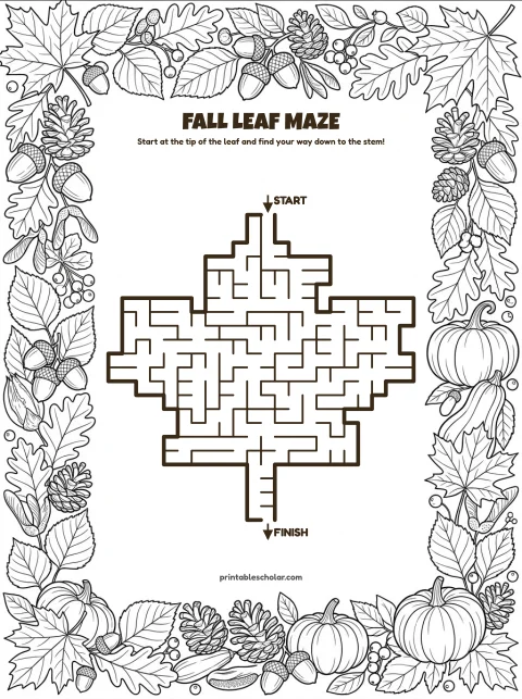 Free printable thanksgiving maze for kids — leaf shape style (black and white) worksheet