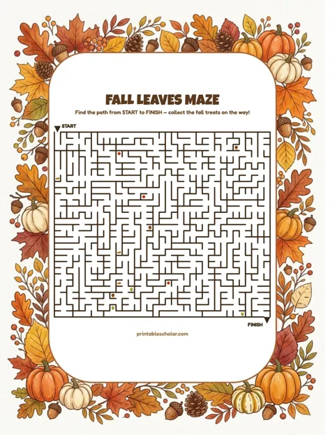 Free printable thanksgiving maze for kids — fall leaves style worksheet