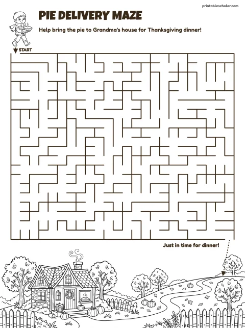 Free printable thanksgiving maze for kids — grandma's house (harder) style (black and white) worksheet