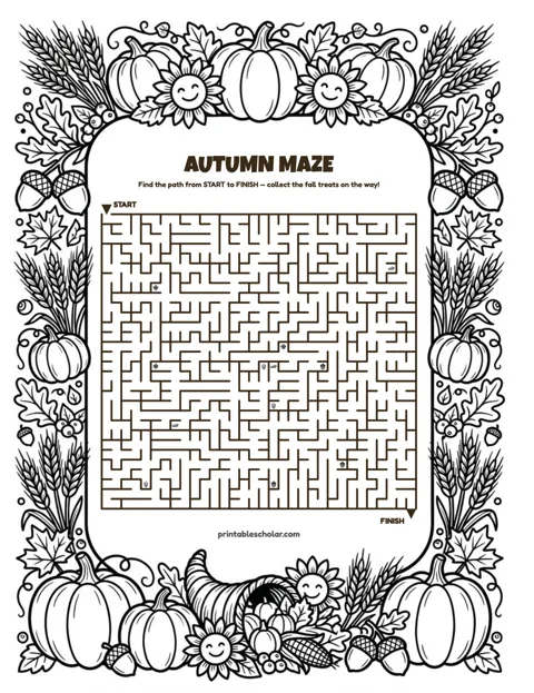 Free printable thanksgiving maze for kids — autumn pumpkins style worksheet
