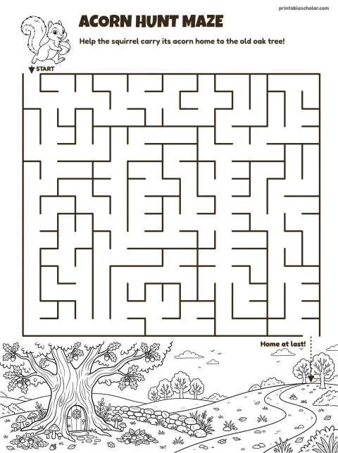 Free printable thanksgiving maze for kids — oak tree (medium) style (black and white) worksheet