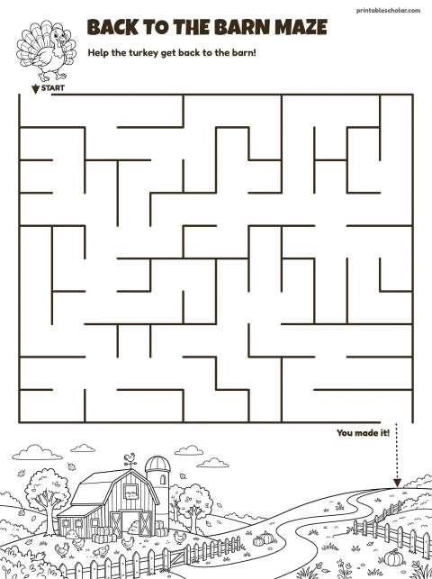 Free printable thanksgiving maze for kids — farm barn (easy) style (black and white) worksheet