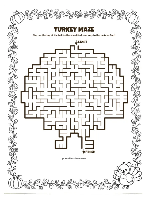 Free printable thanksgiving maze for kids — turkey shape style (black and white) worksheet