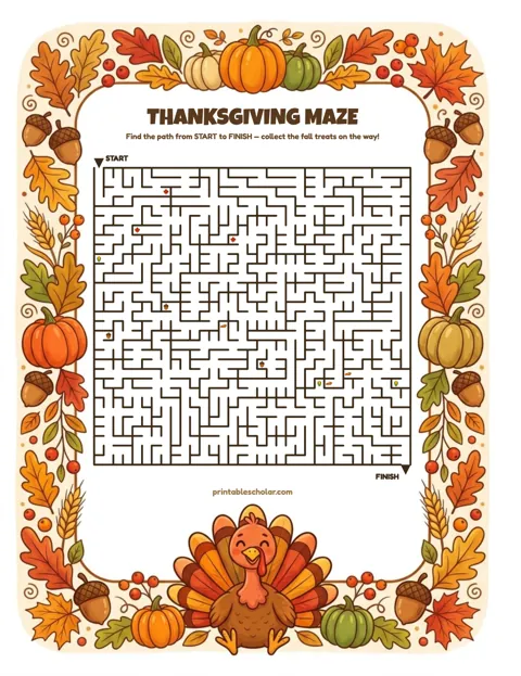 Free printable thanksgiving maze for kids — turkey style worksheet