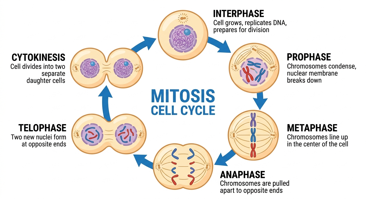 Labeled mitosis cell cycle diagram showing interphase, prophase, metaphase, anaphase, telophase, and cytokinesis stages in circular sequence