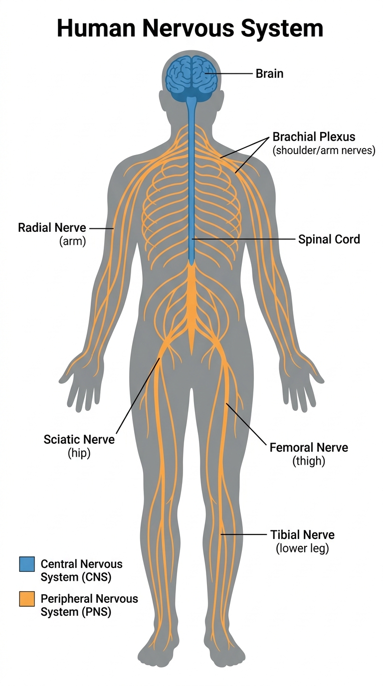 Labeled human nervous system diagram showing brain, spinal cord, brachial plexus, sciatic nerve, femoral nerve, and peripheral nerves with CNS and PNS color coding