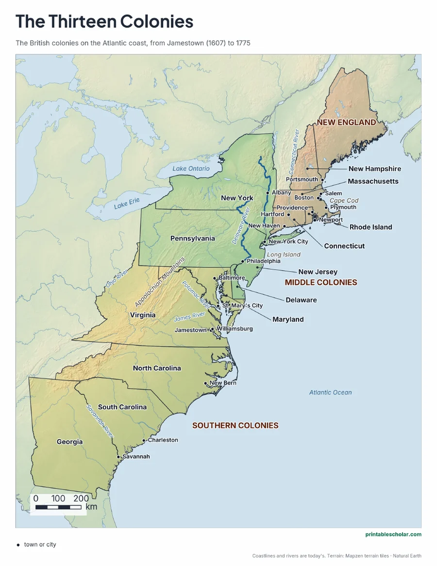 Map of the 13 colonies by region