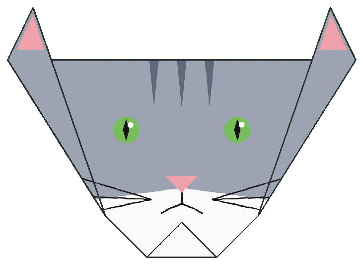 The finished origami cat face, folded from the printed sheet