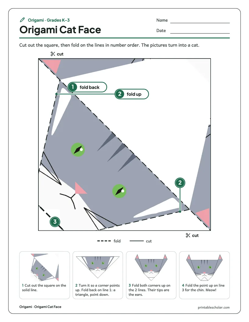 The origami cat face printable sheet: the square to cut out with numbered fold lines, and step pictures