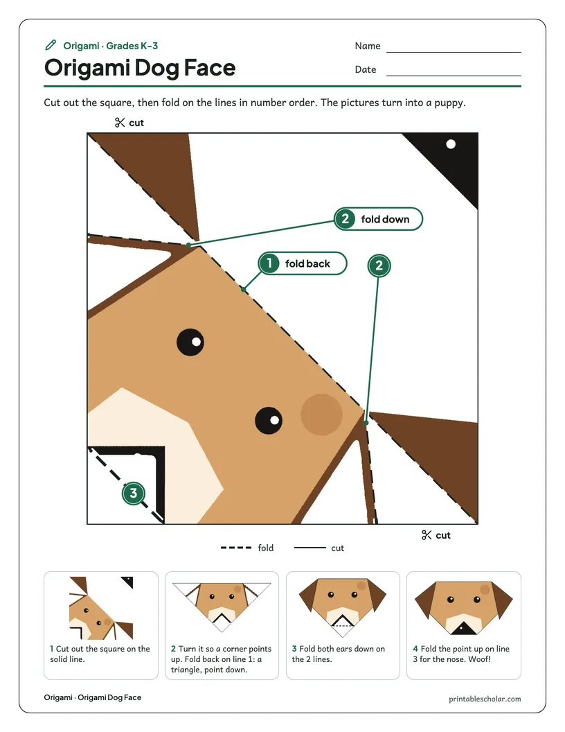 The origami dog face printable sheet: the square to cut out with numbered fold lines, and step pictures