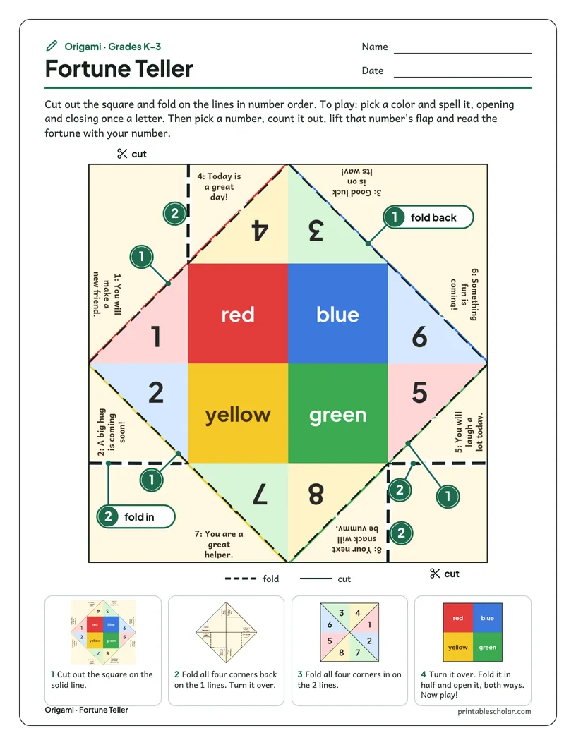 The paper fortune teller printable sheet: the square to cut out with numbered fold lines, and step pictures