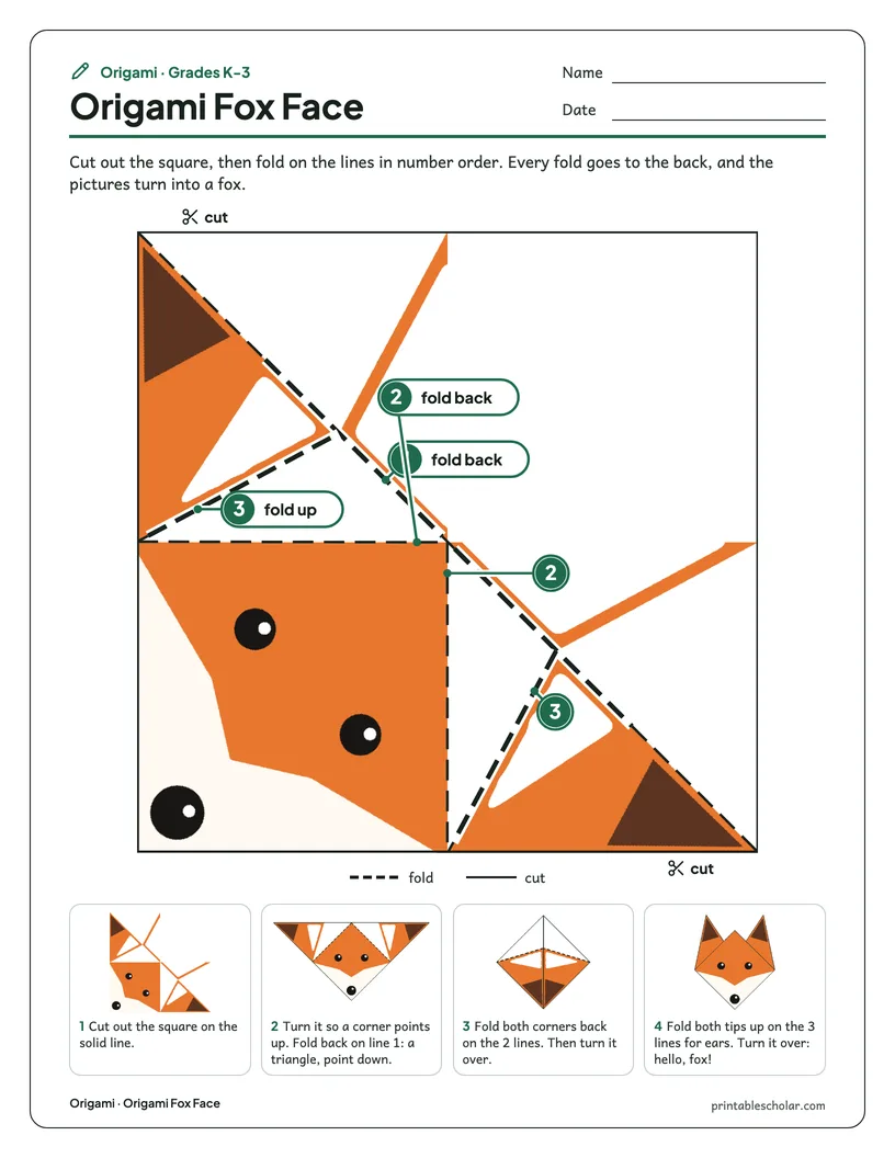 The origami fox face printable sheet: the square to cut out with numbered fold lines, and step pictures