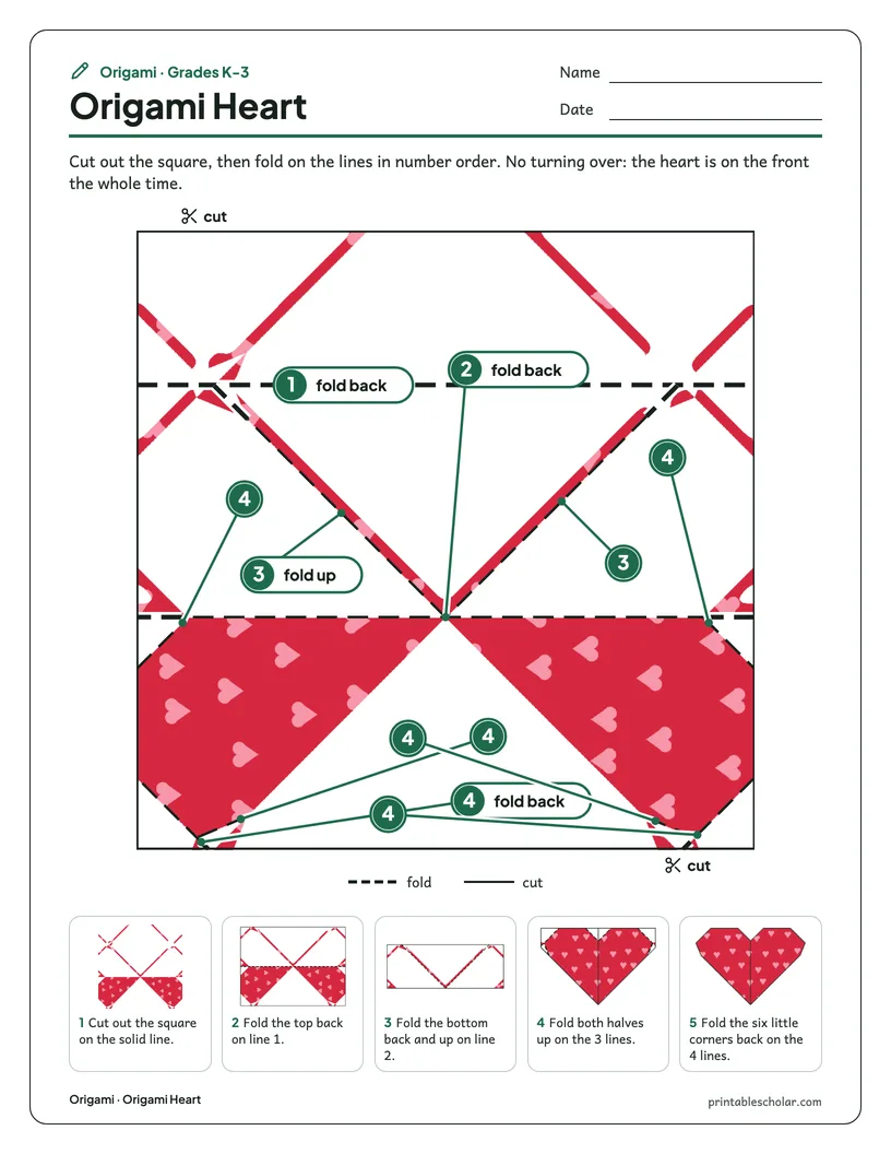 The origami heart printable sheet: the square to cut out with numbered fold lines, and step pictures