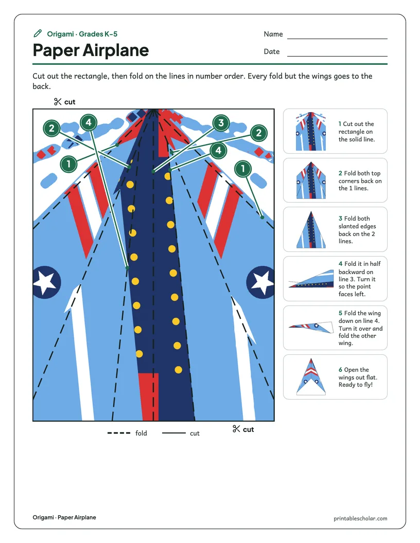 The paper airplane printable sheet: the square to cut out with numbered fold lines, and step pictures