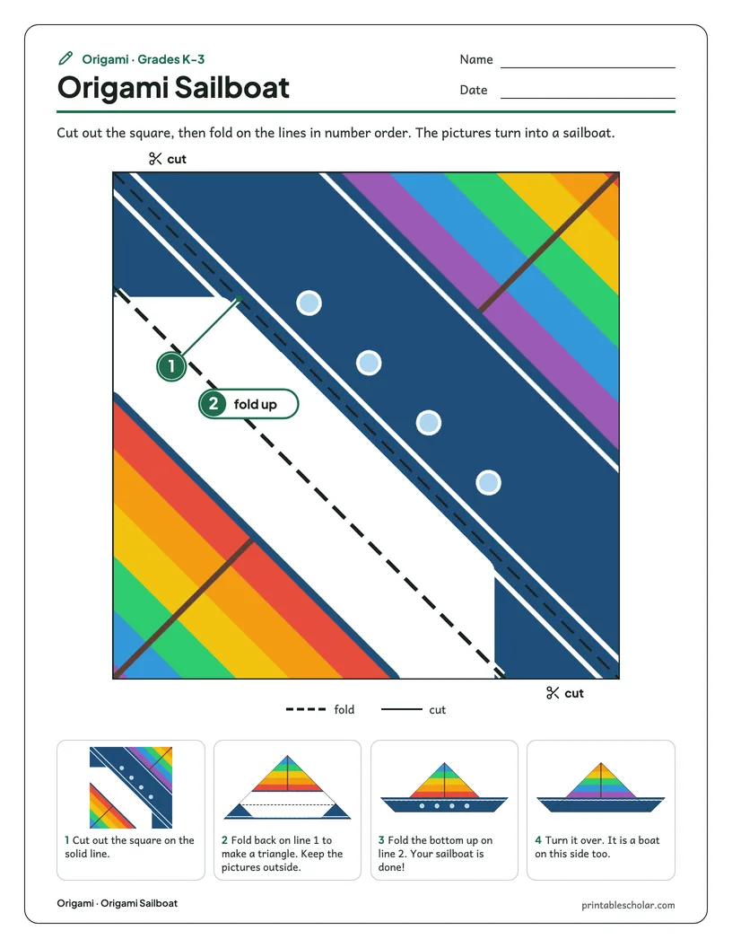 The origami sailboat printable sheet: the square to cut out with numbered fold lines, and step pictures