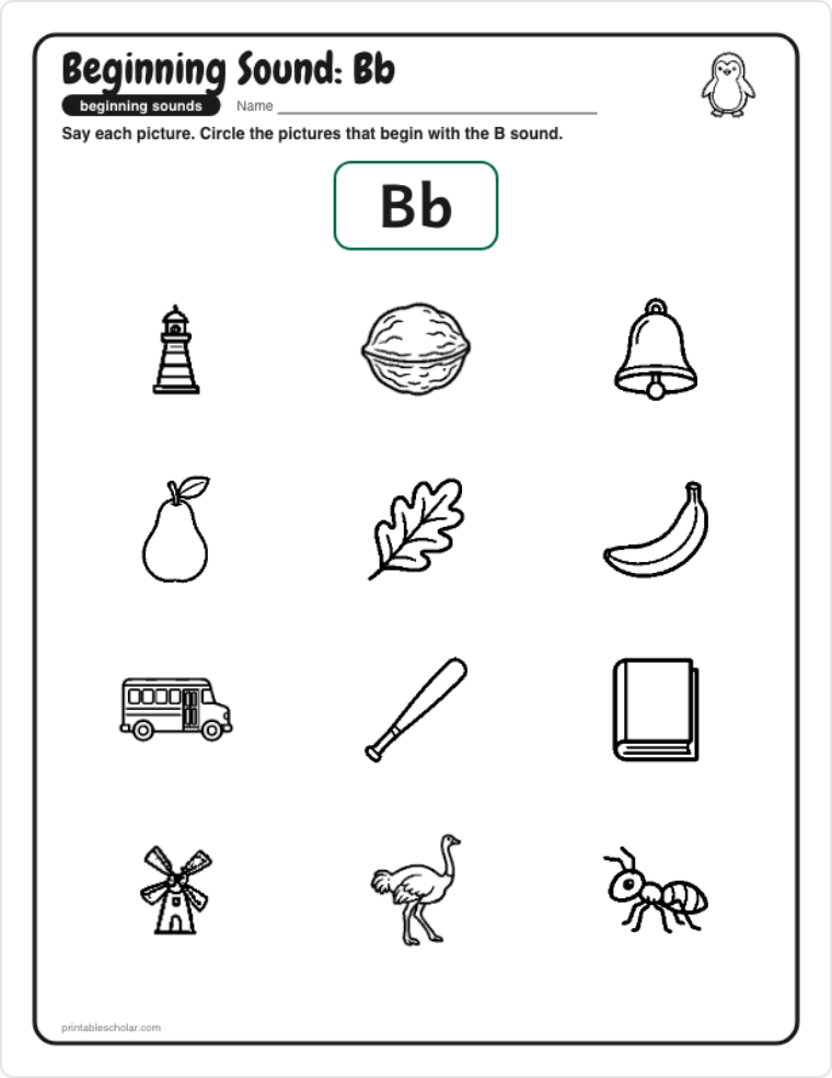 Beginning Sounds Worksheets sample page