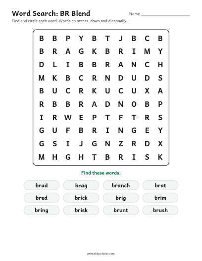 BR Blend word search printable preview