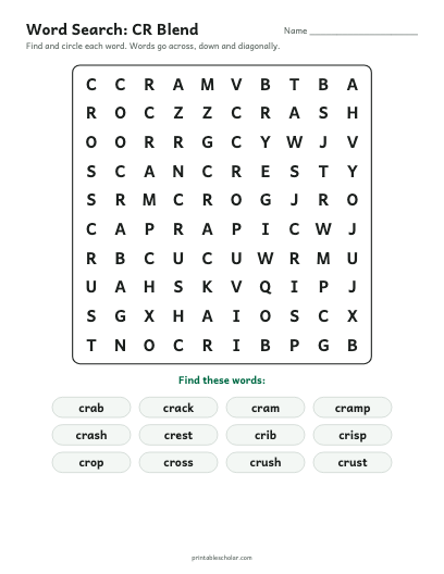 CR Blend word search printable preview