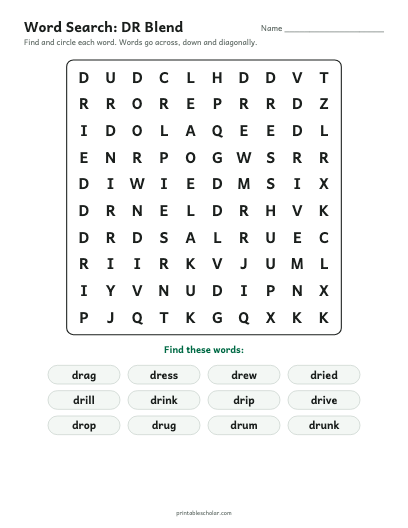 DR Blend word search printable preview