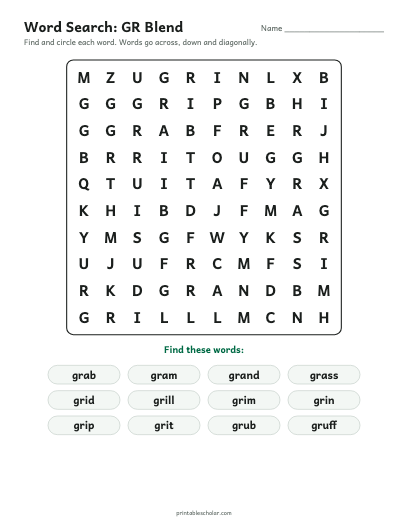 GR Blend word search printable preview