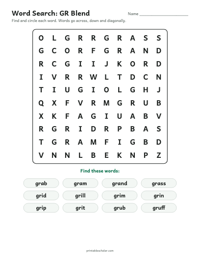 GR Blend word search printable preview