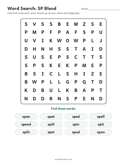 SP Blend word search printable preview