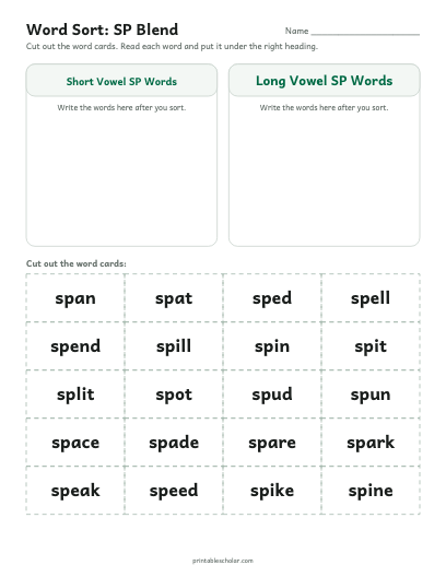SP Blend word sort printable preview