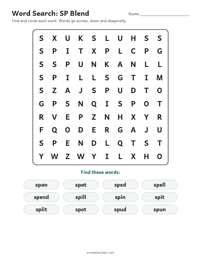 SP Blend word search printable preview