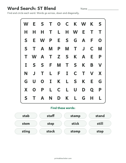 ST Blend word search printable preview