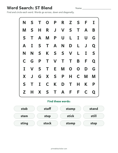 ST Blend word search printable preview