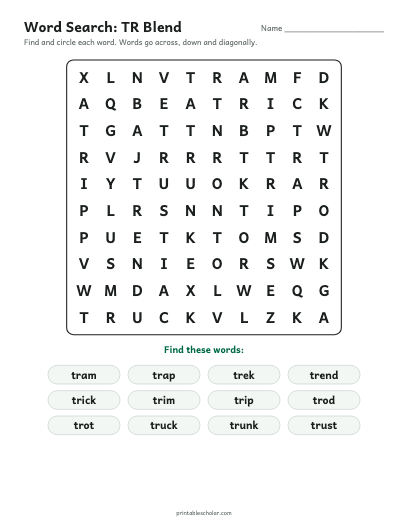 TR Blend word search printable preview