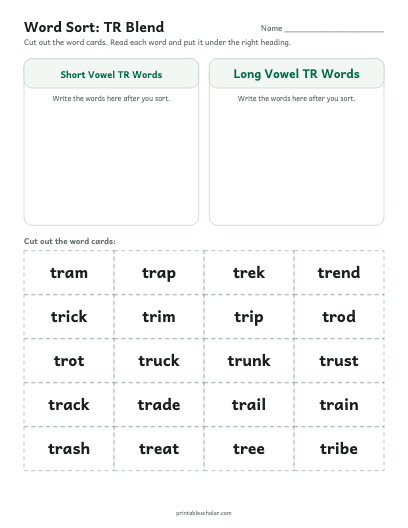 TR Blend word sort printable preview