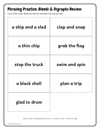 Blends & Digraphs Review phrasing cards printable preview