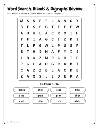 Blends & Digraphs Review word search printable preview