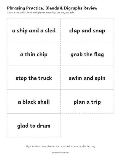 Blends & Digraphs Review phrasing cards printable preview