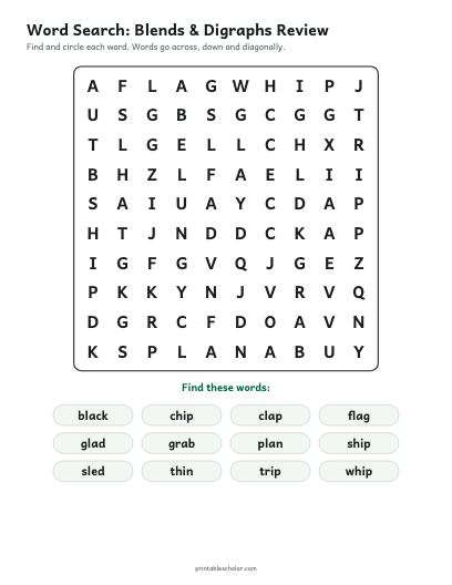 Blends & Digraphs Review word search printable preview