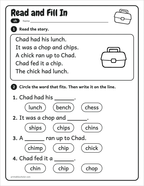 Read and Fill In: a ch picture worksheet