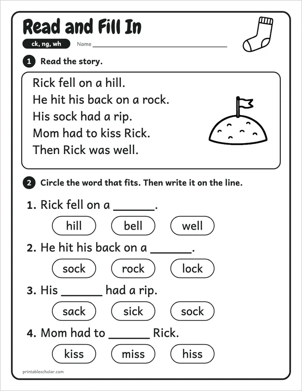 Read and Fill In: a ck, ng and wh picture worksheet