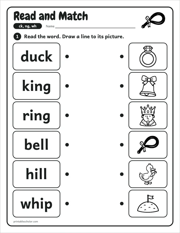 Read and Match: a ck, ng and wh picture worksheet