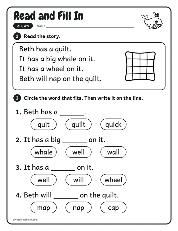 Read and Fill In: a qu and wh picture worksheet