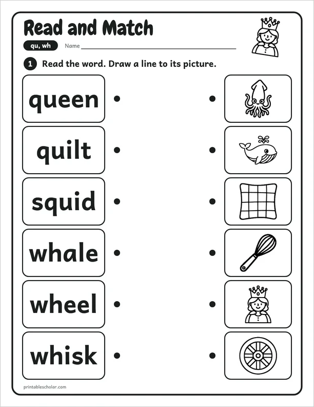 Read and Match: a qu and wh picture worksheet