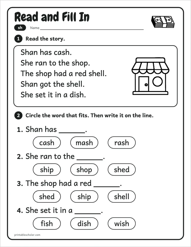 Read and Fill In: a free sh word work worksheet